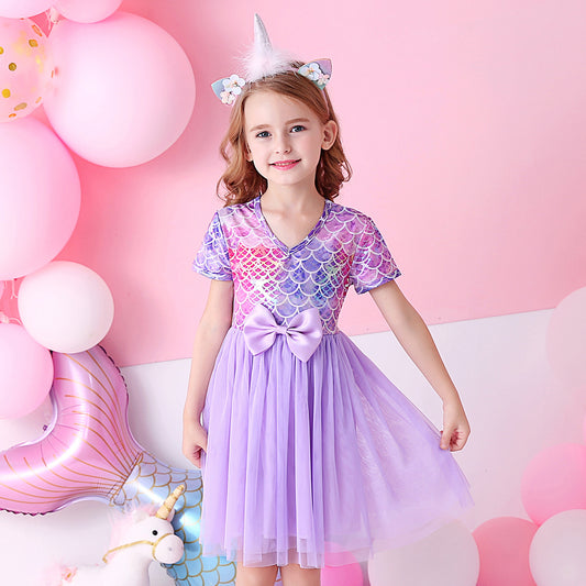 Purple Bridesmaid Printed Butterfly Bow Toddler Tutu Girl Dress for Prom Brithday Party
