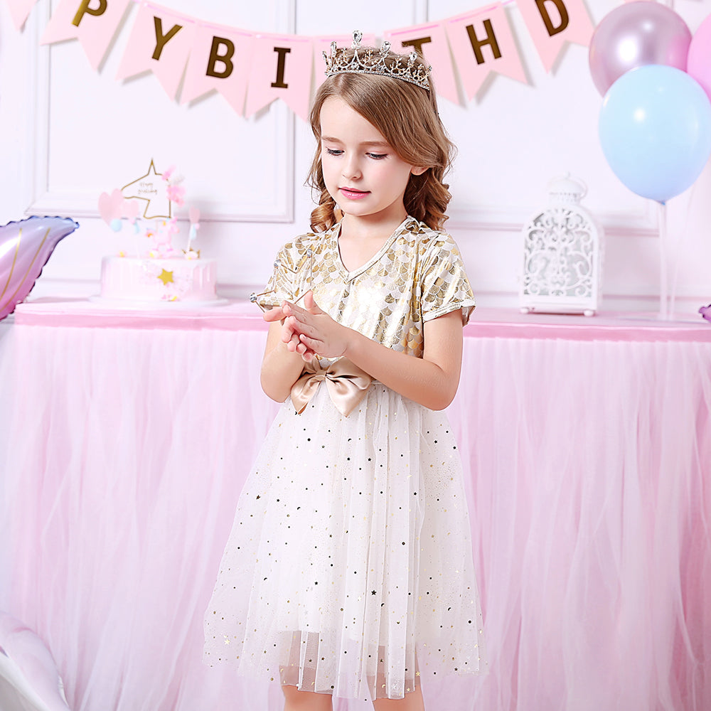 Vikita Yellow Mermaid Print Bowknot Tulle Dress for Toddler Girls 3-8T