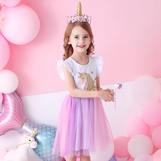 Cartoon Unicorn Pattern Tutu Toddler Dress for Daily Party Wearing 3-8T