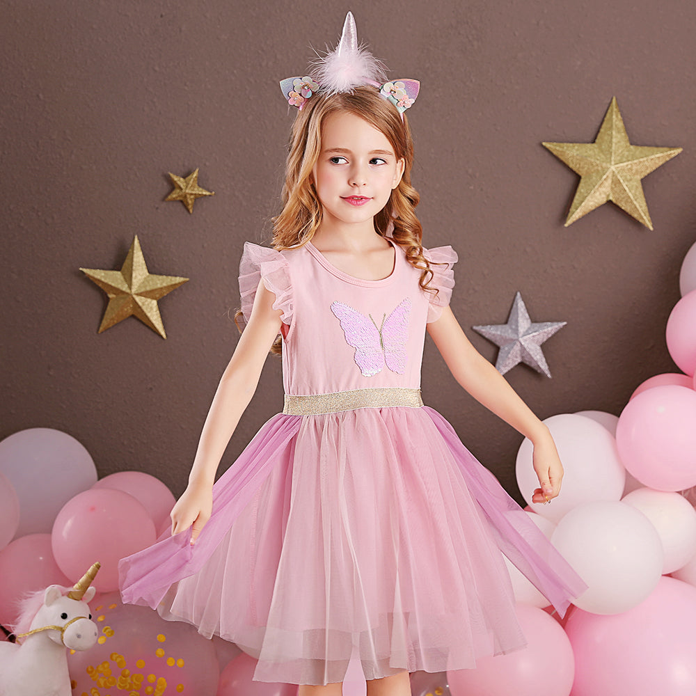 Princess Style Butterfly Beads Toddler Summer Tutu Girl Dress for Brithday Gift
