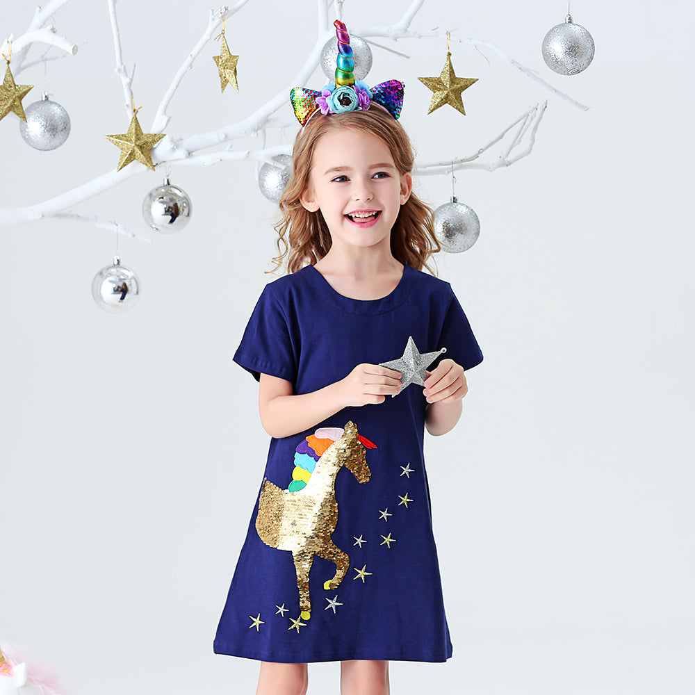Unicorn Beads Pattern A-line Girls Tollder Dress Casual Cotton Kids Dress