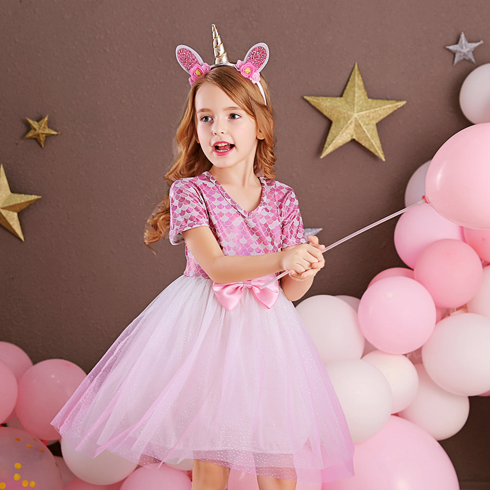 Pink Tutu Toddler Dress Butterfly Bow Mermaid Printed Girls Tulle Dress for Summer