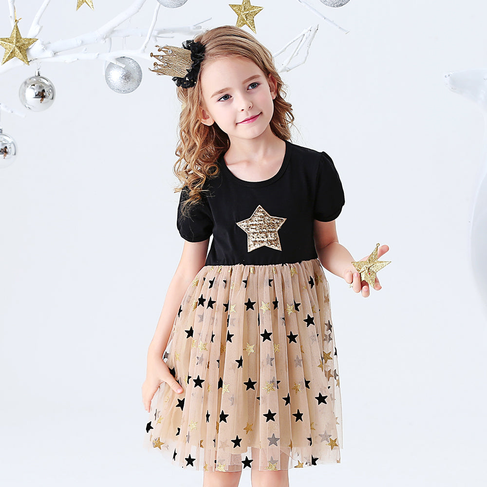 Star Pattern Casual Tutu Dress Toddler Girl Summer Short Sleeve Dress for School Wear