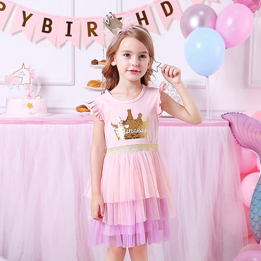 Princess Crown Beads Tutu Toddler Summer Girl Dress Layered Party Dress for 3-8T
