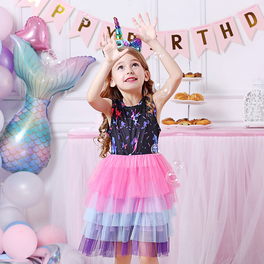 Colorful Tutu Girls Toddler Dress with Flower Fairy Printed for Daily Wear