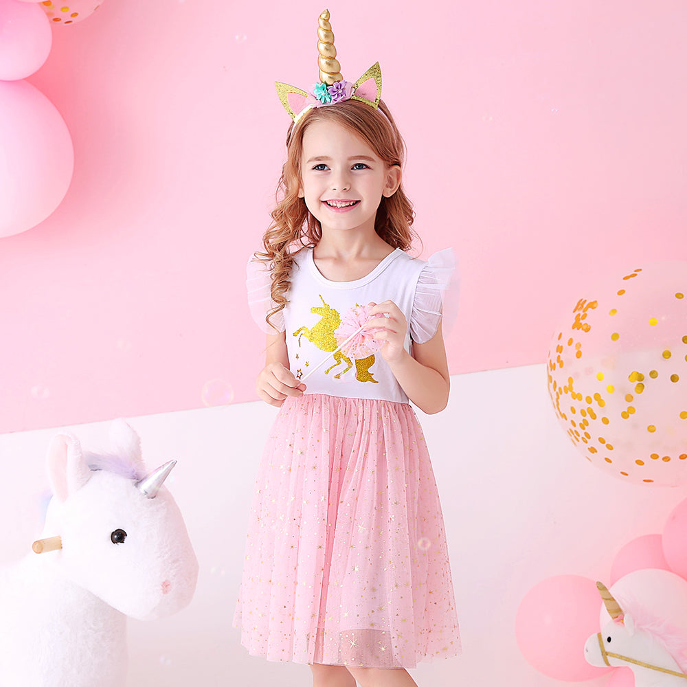 Toddler Summer Unicorn Tutu Girl Dress Glitter Horse With Star Cartoon Kids Dress for 3-8T