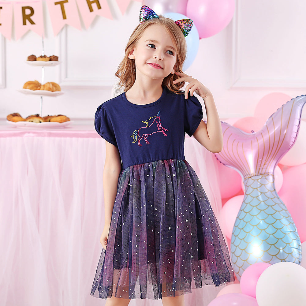 Unicorn Embroidery Toddler Summer Tutu Girl Dress for Daily Party