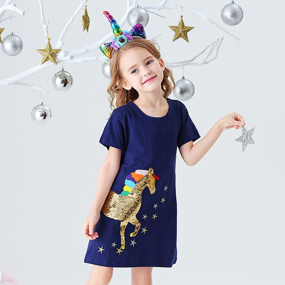 Unicorn Beads Pattern A-line Girls Tollder Dress Casual Cotton Kids Dress