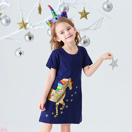 Unicorn Beads Pattern A-line Girls Tollder Dress Casual Cotton Kids Dress