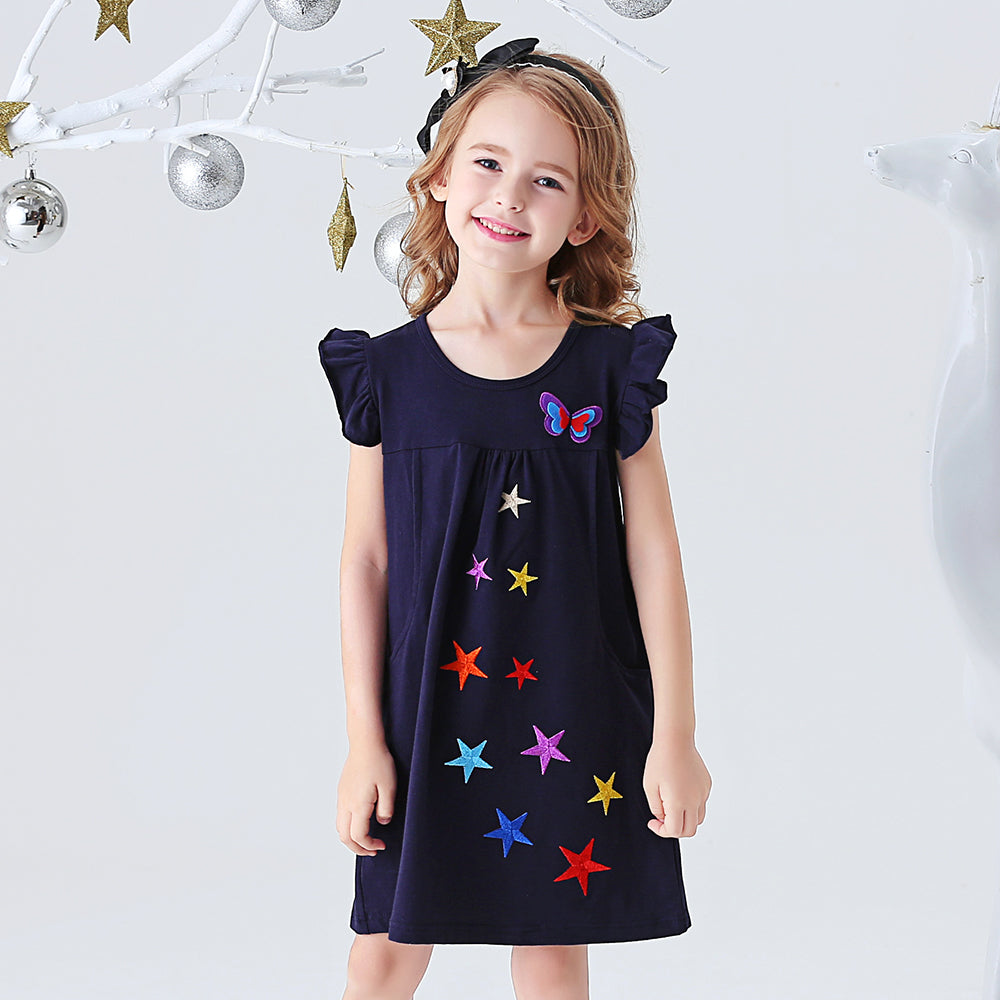Colorful Star Pattern A-Line Toddler Summer Short Sleeve Girl Casual Dress
