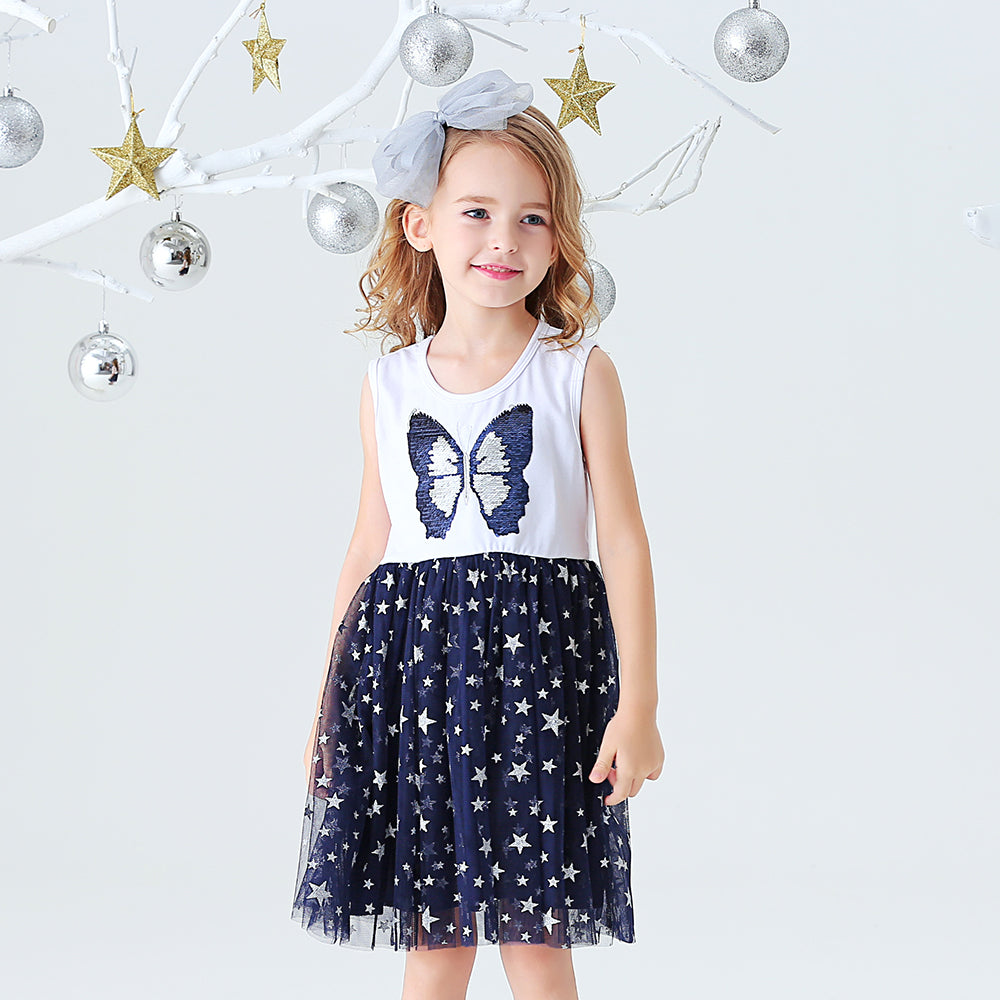 Butterfly Beads Pattern Star Tulle Lovely Daily School Toddler Girl Dress