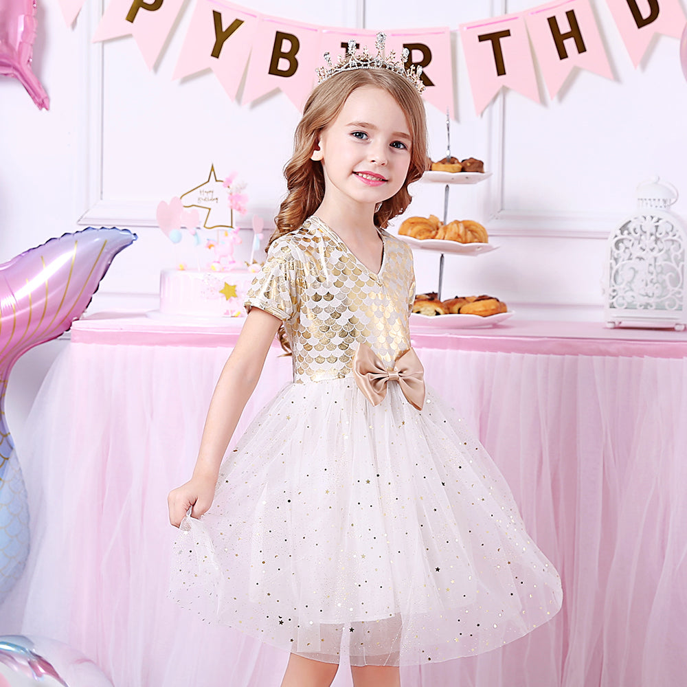 Vikita Yellow Mermaid Print Bowknot Tulle Dress for Toddler Girls 3-8T
