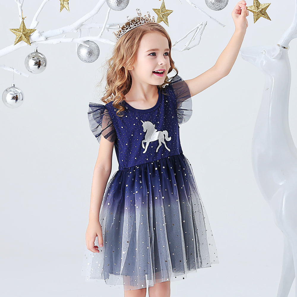 Unicorn Pattern Starry Sky Tutu Dress Toddler Brithday Party Prom Dress 3-8T