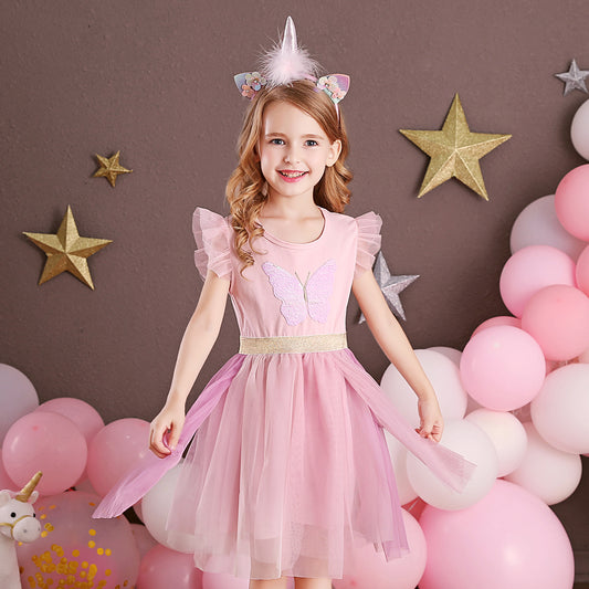 Princess Style Butterfly Beads Toddler Summer Tutu Girl Dress for Brithday Gift
