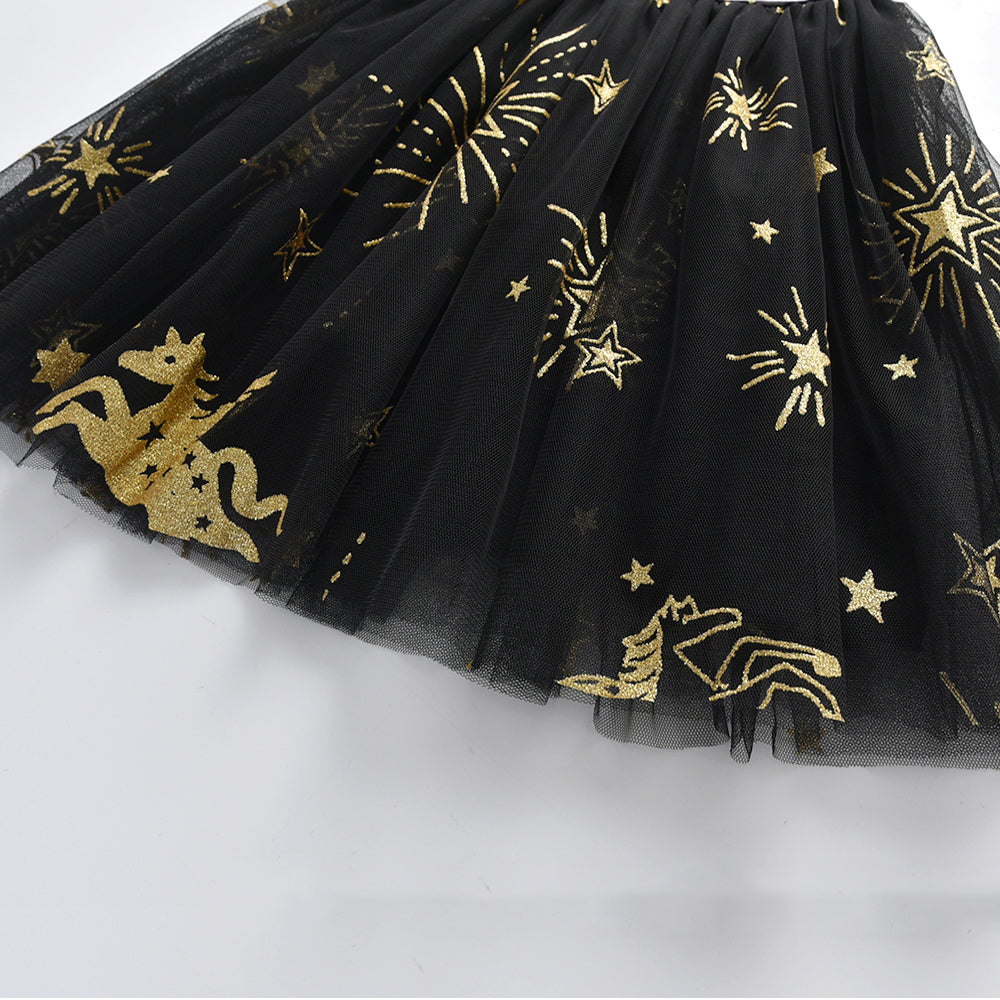 Star Moon Pattern Girls Toddler Summer Short Sleeve Tutu Dress