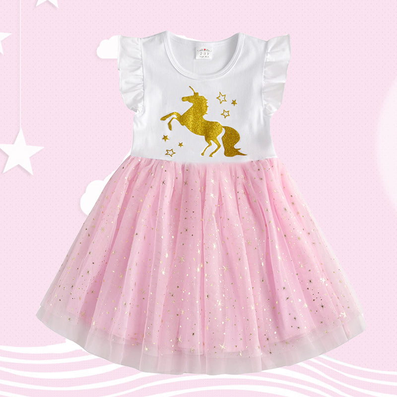 Toddler Summer Unicorn Tutu Girl Dress Glitter Horse With Star Cartoon Kids Dress for 3-8T