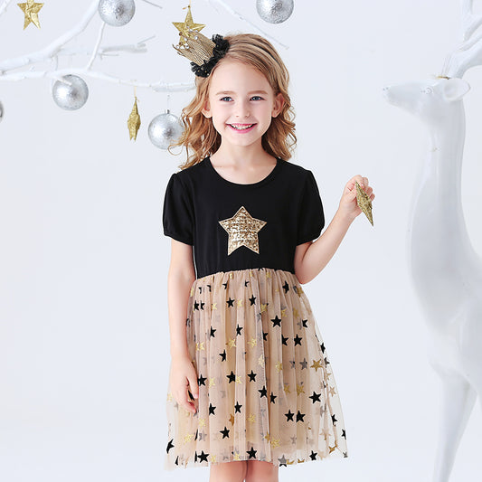 Star Pattern Casual Tutu Dress Toddler Girl Summer Short Sleeve Dress for School Wear