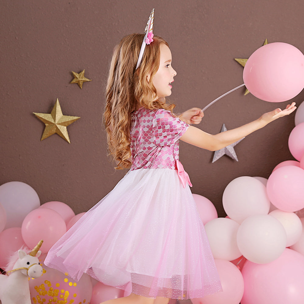 Pink Tutu Toddler Dress Butterfly Bow Mermaid Printed Girls Tulle Dress for Summer
