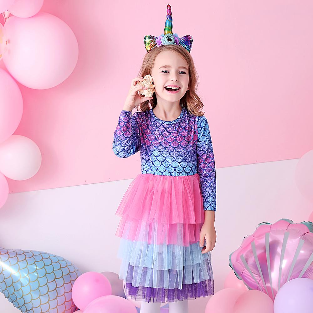 Purple Mermaid Colorful Layered Tulle Toddler Girl Long Sleeve Dress