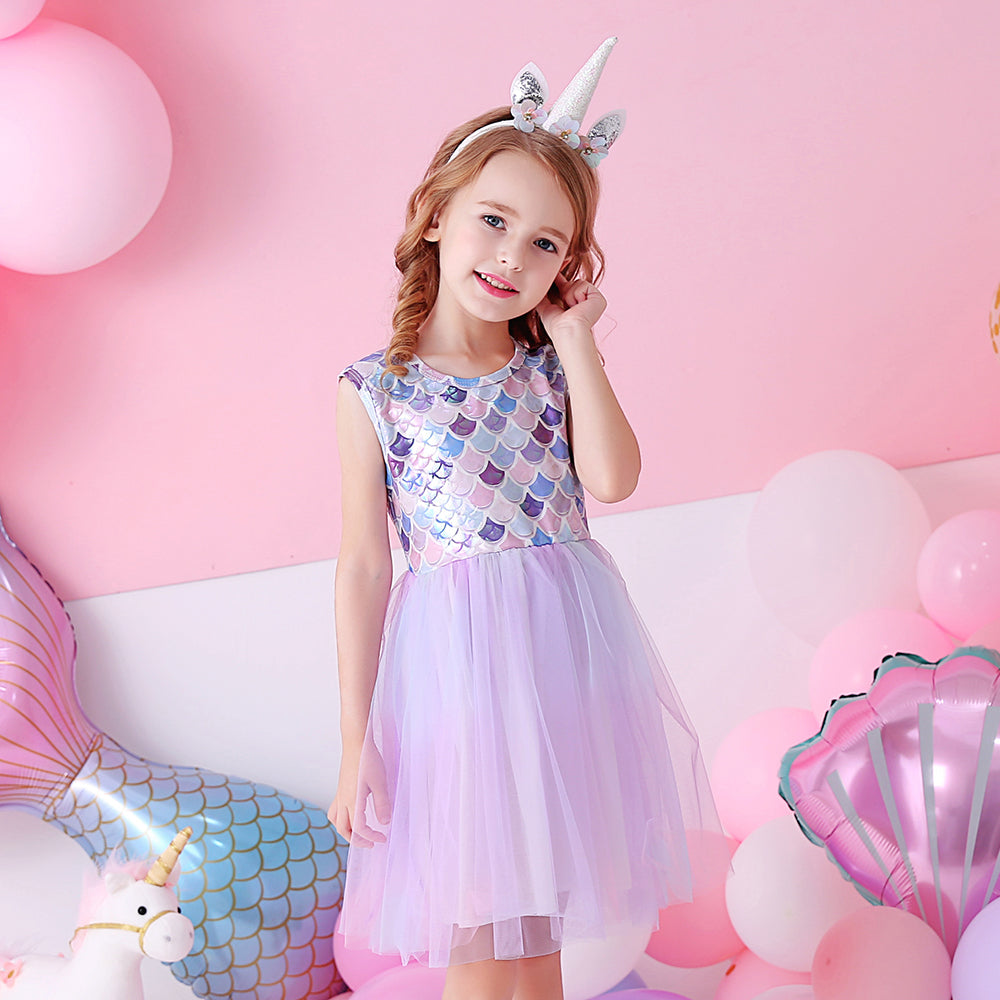 Purple Princess Mermaid Printed Toddler Tutu Girl Dress Sofe Tulle Dress