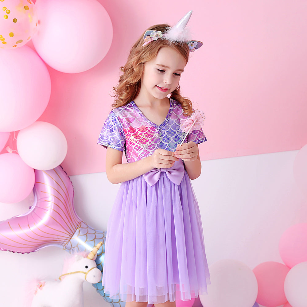Purple Bridesmaid Printed Butterfly Bow Toddler Tutu Girl Dress for Prom Brithday Party
