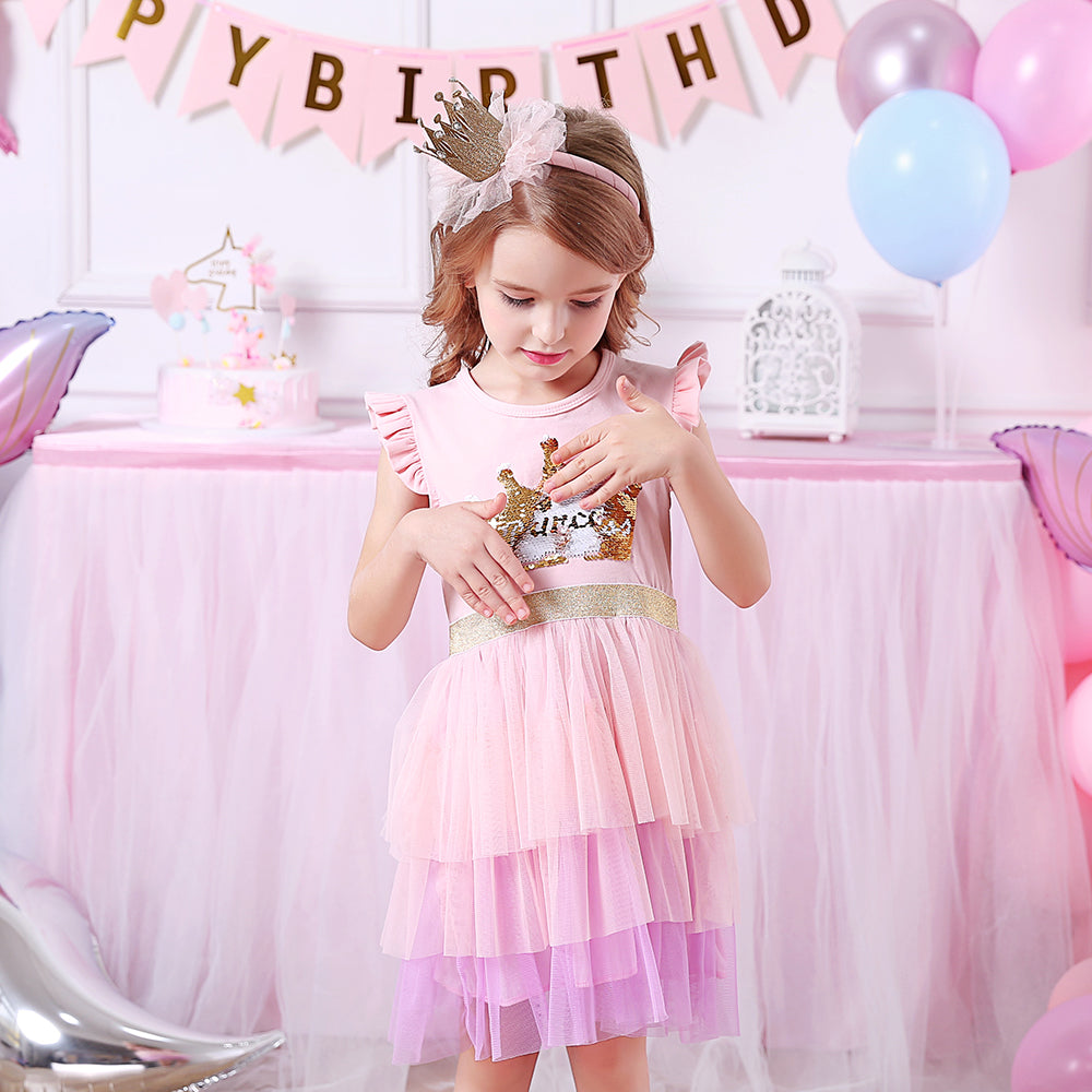 Princess Crown Beads Tutu Toddler Summer Girl Dress Layered Party Dress for 3-8T