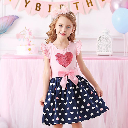 Love Sequined with Butterfly Bow Toddler Girl Short Sleeve Cotton Dress