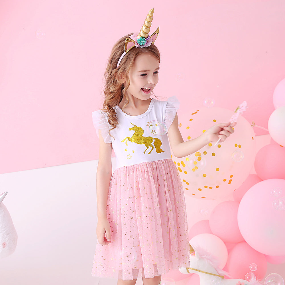 Toddler Summer Unicorn Tutu Girl Dress Glitter Horse With Star Cartoon Kids Dress for 3-8T