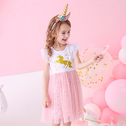 Toddler Summer Unicorn Tutu Girl Dress Glitter Horse With Star Cartoon Kids Dress for 3-8T