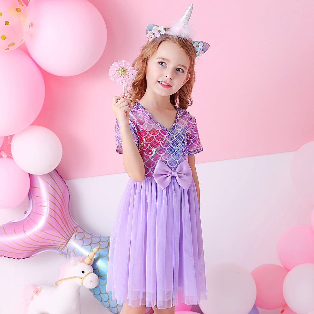 Purple Bridesmaid Printed Butterfly Bow Toddler Tutu Girl Dress for Prom Brithday Party