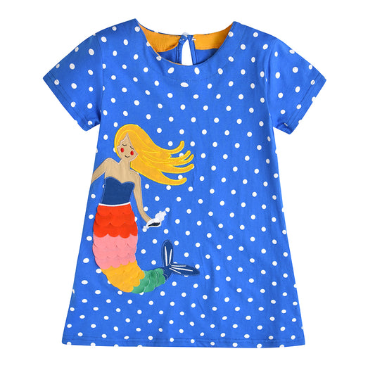 2Y-8Y Girls Short Sleeve Casual Dress Cute 3D Mermaid Spot Blue A Line Cotton Dress