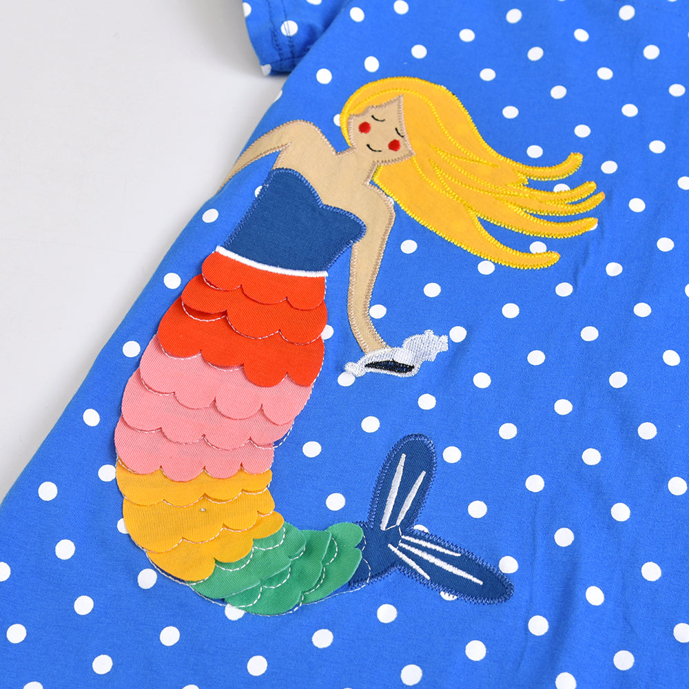 2Y-8Y Girls Short Sleeve Casual Dress Cute 3D Mermaid Spot Blue A Line Cotton Dress