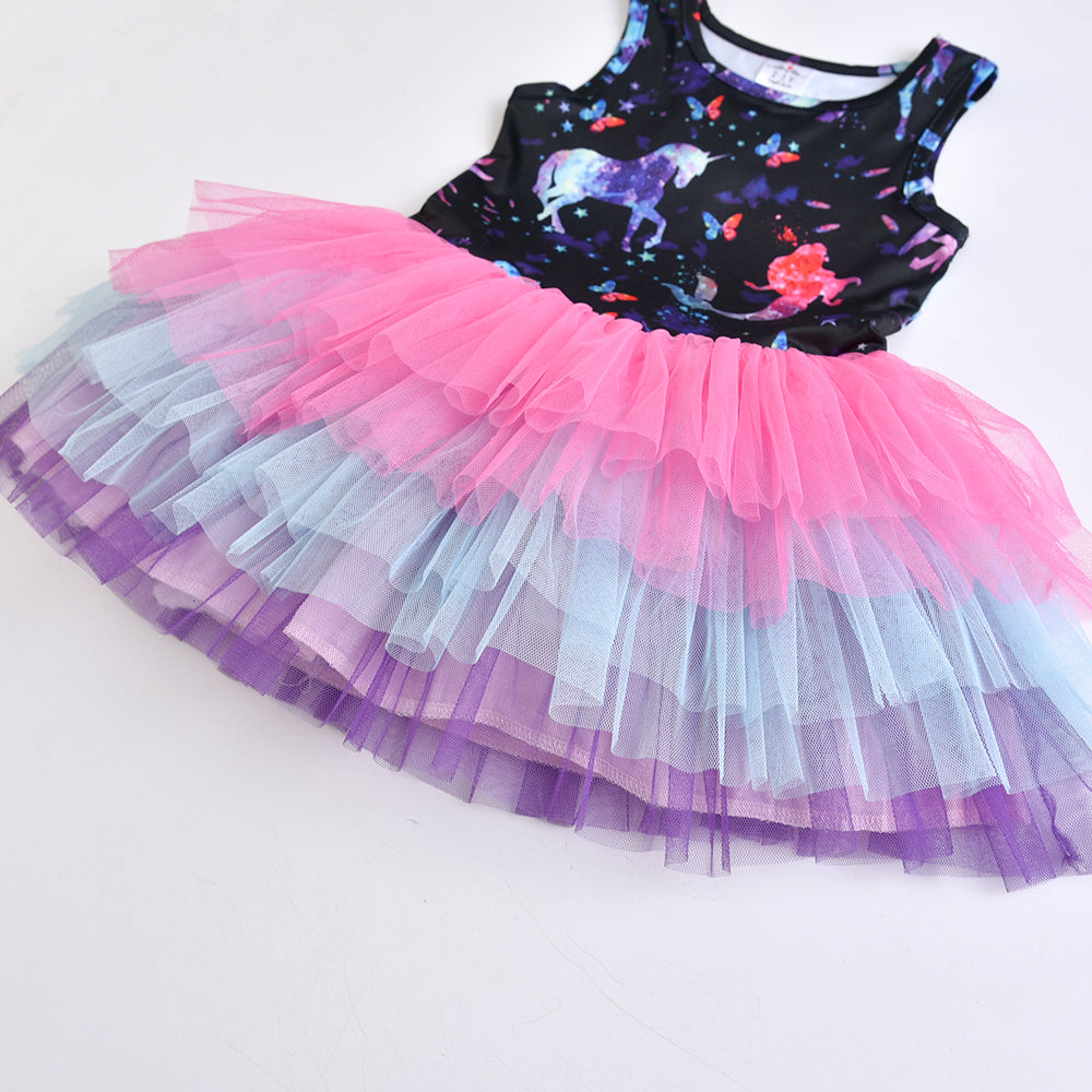 Colorful Tutu Girls Toddler Dress with Flower Fairy Printed for Daily Wear