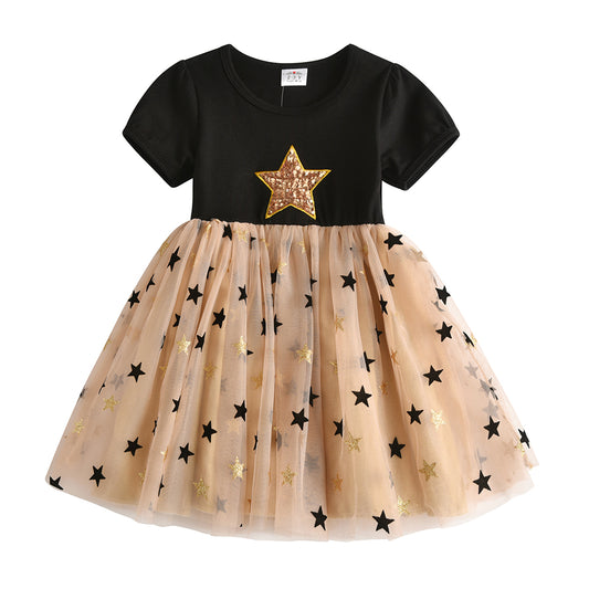 Star Pattern Casual Tutu Dress Toddler Girl Summer Short Sleeve Dress for School Wear