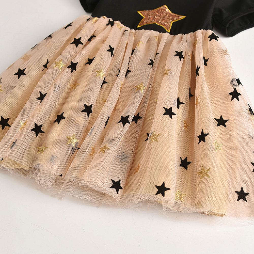 Star Pattern Casual Tutu Dress Toddler Girl Summer Short Sleeve Dress for School Wear