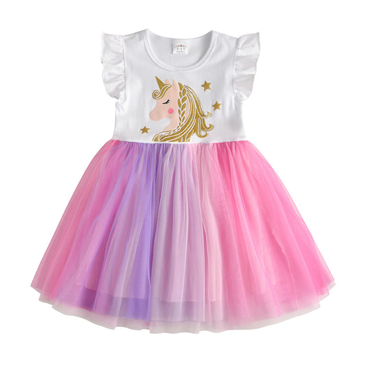 Cartoon Unicorn Pattern Tutu Toddler Dress for Daily Party Wearing 3-8T