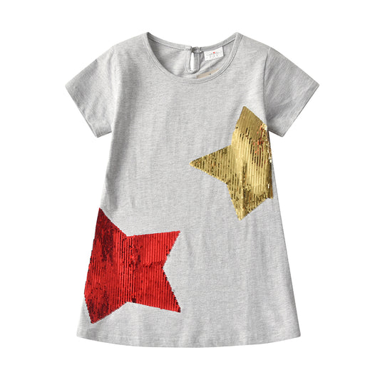 2Y-8Y Girls Short Sleeve T-shirt Sequins Big Star Grey Casual Cotton Top