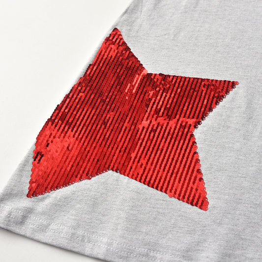2Y-8Y Girls Short Sleeve T-shirt Sequins Big Star Grey Casual Cotton Top