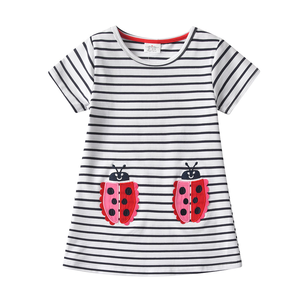 2Y-8Y Girls Short Sleeve Casual Dress Cute Ladybug Stripe Cotton Girls Dress