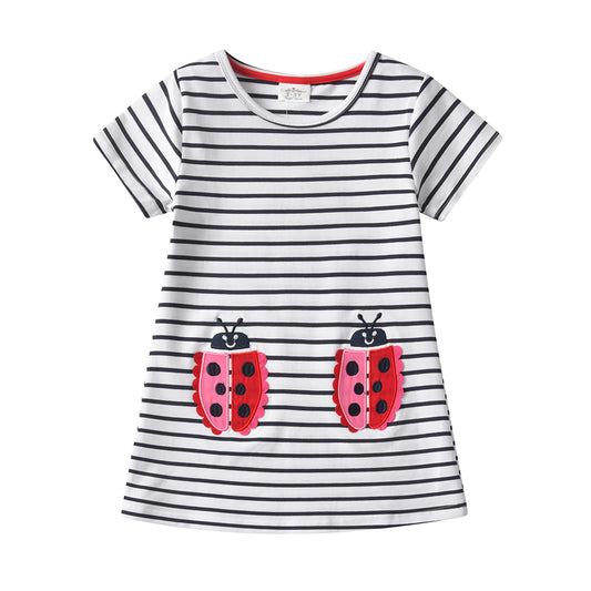 2Y-8Y Girls Short Sleeve Casual Dress Cute Ladybug Stripe Cotton Girls Dress