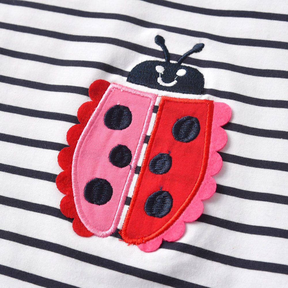 2Y-8Y Girls Short Sleeve Casual Dress Cute Ladybug Stripe Cotton Girls Dress