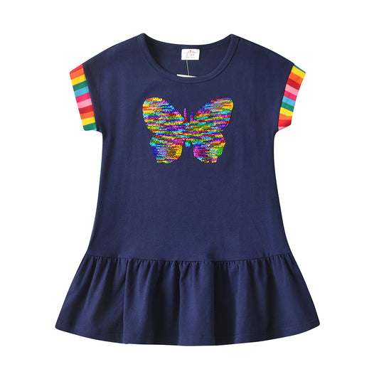 2Y-8Y Girls Short Sleeve Casual Dress Rainbow Sequins Butterfly Ruffle Cotton Dress