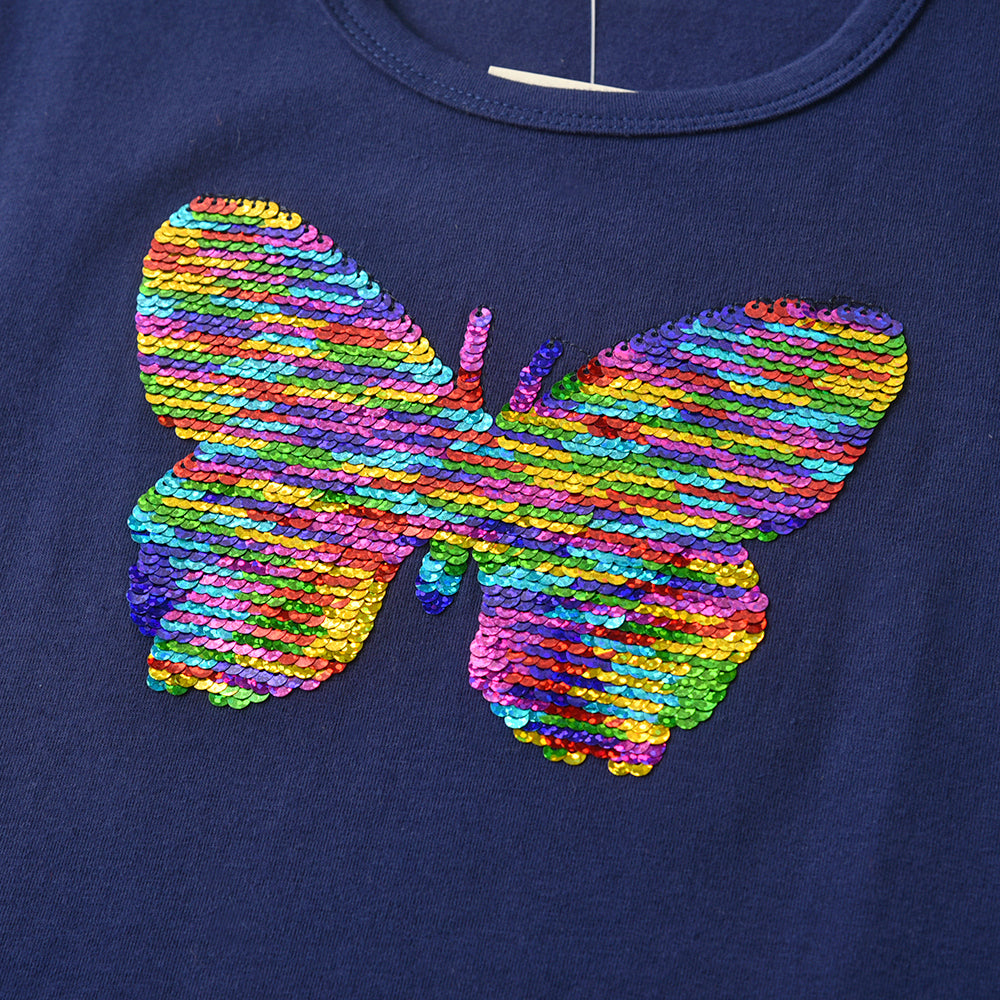 2Y-8Y Girls Short Sleeve Casual Dress Rainbow Sequins Butterfly Ruffle Cotton Dress