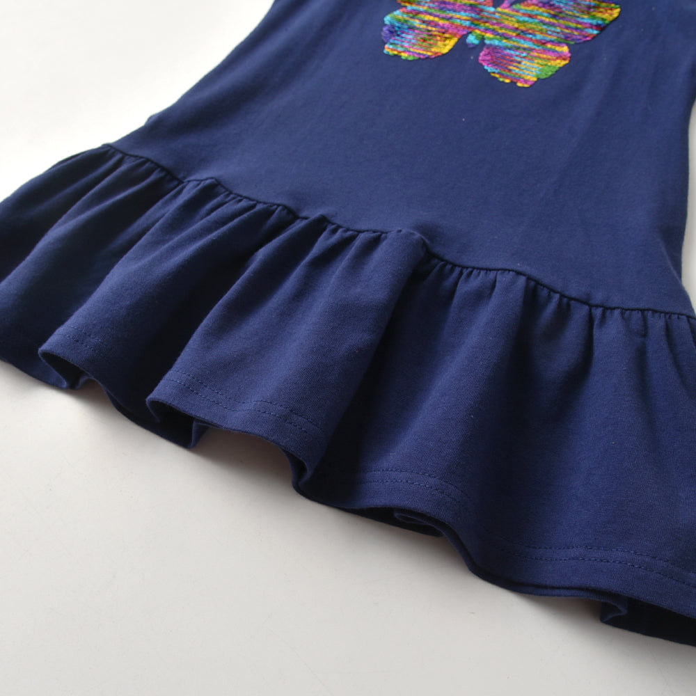 2Y-8Y Girls Short Sleeve Casual Dress Rainbow Sequins Butterfly Ruffle Cotton Dress