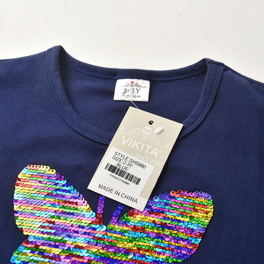 2Y-8Y Girls Short Sleeve Casual Dress Rainbow Sequins Butterfly Ruffle Cotton Dress