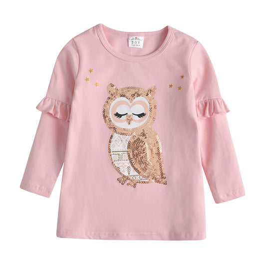 Owl Sequined Long Sleeve Cotton Toddler Girl T-Shirt
