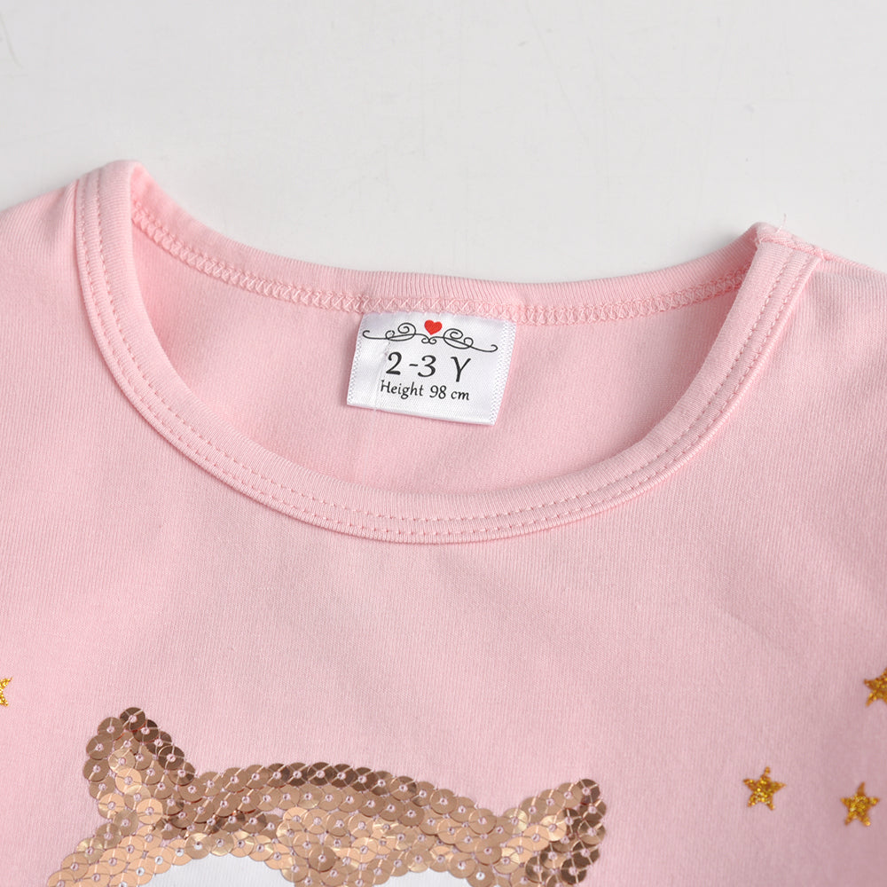 Owl Sequined Long Sleeve Cotton Toddler Girl T-Shirt