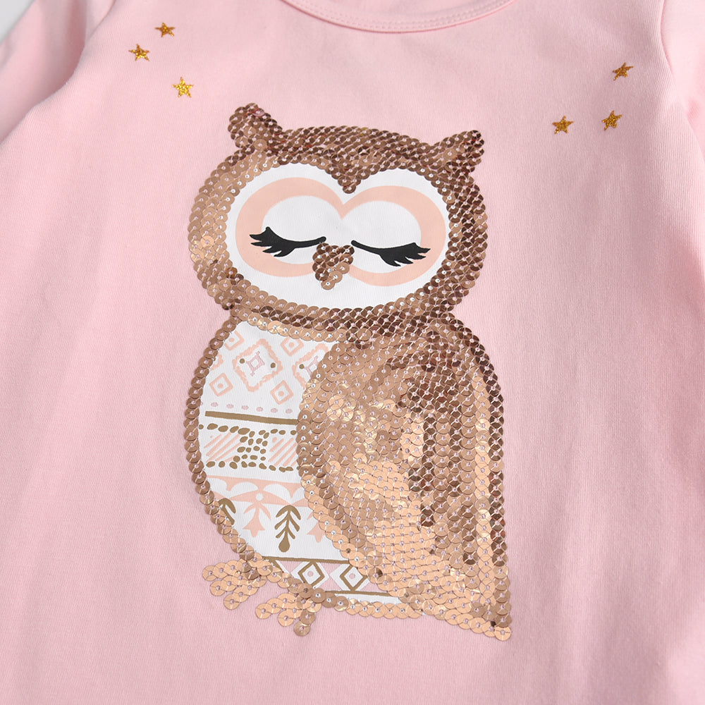Owl Sequined Long Sleeve Cotton Toddler Girl T-Shirt
