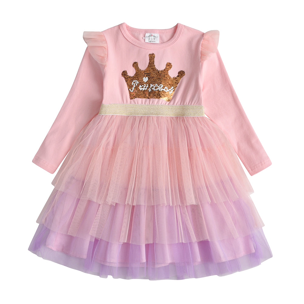 Princess Crown Sequined Soft Layered Tulle Toddler Girl Dress for School Party Brithday