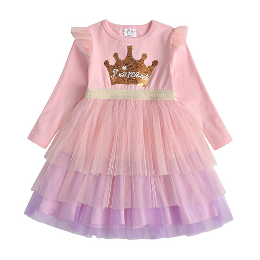 Princess Crown Sequined Soft Layered Tulle Toddler Girl Dress for School Party Brithday